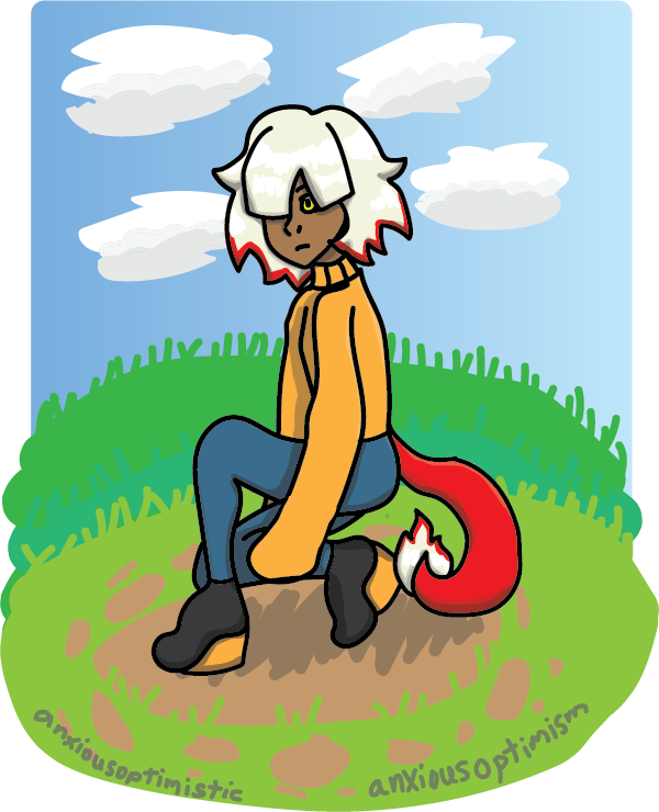 An OC with white hair with red tips. The OC has a red tail with some hair at the end. They are wearing an orange long sleeve sweater that covers his hands and some blue jeans, as well as black shoes with orange heels. The OC's skin is brown and eyes orange. He is crouched on a patch of dirt surrounded by grass. There is blue sky and white clouds behind them. It is signed with anxiousoptimistic and anxiousoptimism, since those are the names I use on some of my socials.