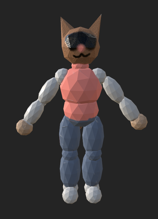 A colored 3d Model of an anthropromorphized cat. The cat is wearing a pink sweater over a white long-sleeved shirt. The cat is also wearing blue pants. The head of the cat is brown while the hands are white skin colored. The feet are white.