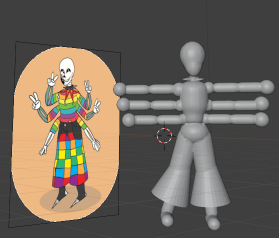 An art piece of a multiple armed skeleton character wearing colorful clothes and an uncolored 3d model of that character.